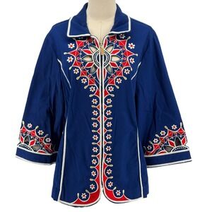 Bob Mackie Wearable Art Jacket Blue Embroidered Cutout Zip Front L